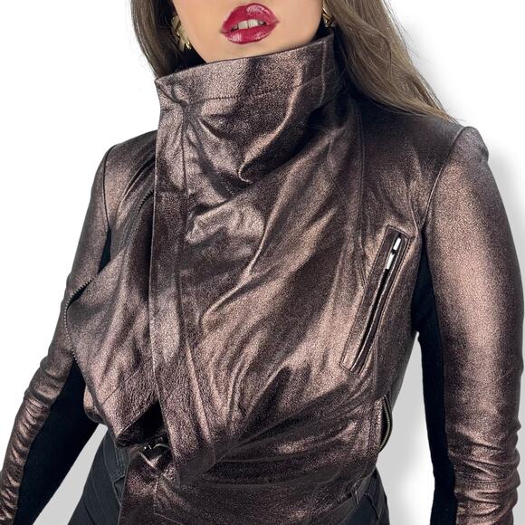 VEDA NYC metallic bronze lamb leather fitted cropped biker jacket - Picture 1 of 16